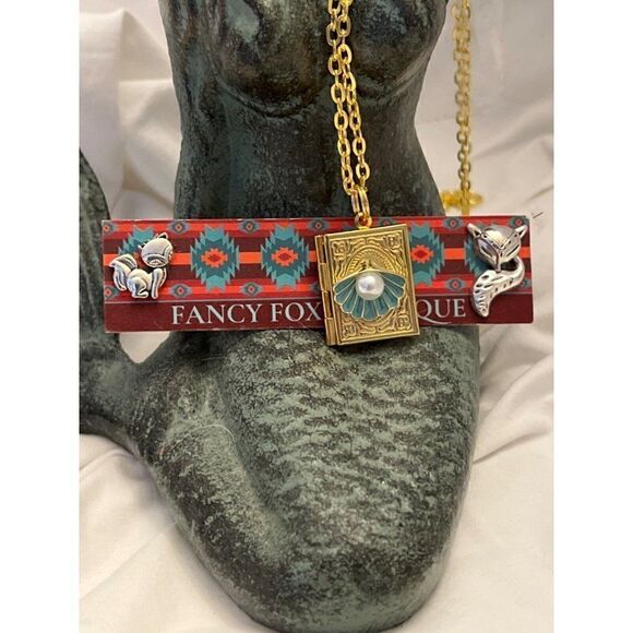 PEARL SHELL BOOK GOLD LOCKET TEAL TURQUOISE FLOWER SEA OCEAN NECKLACE - Picture 6 of 7